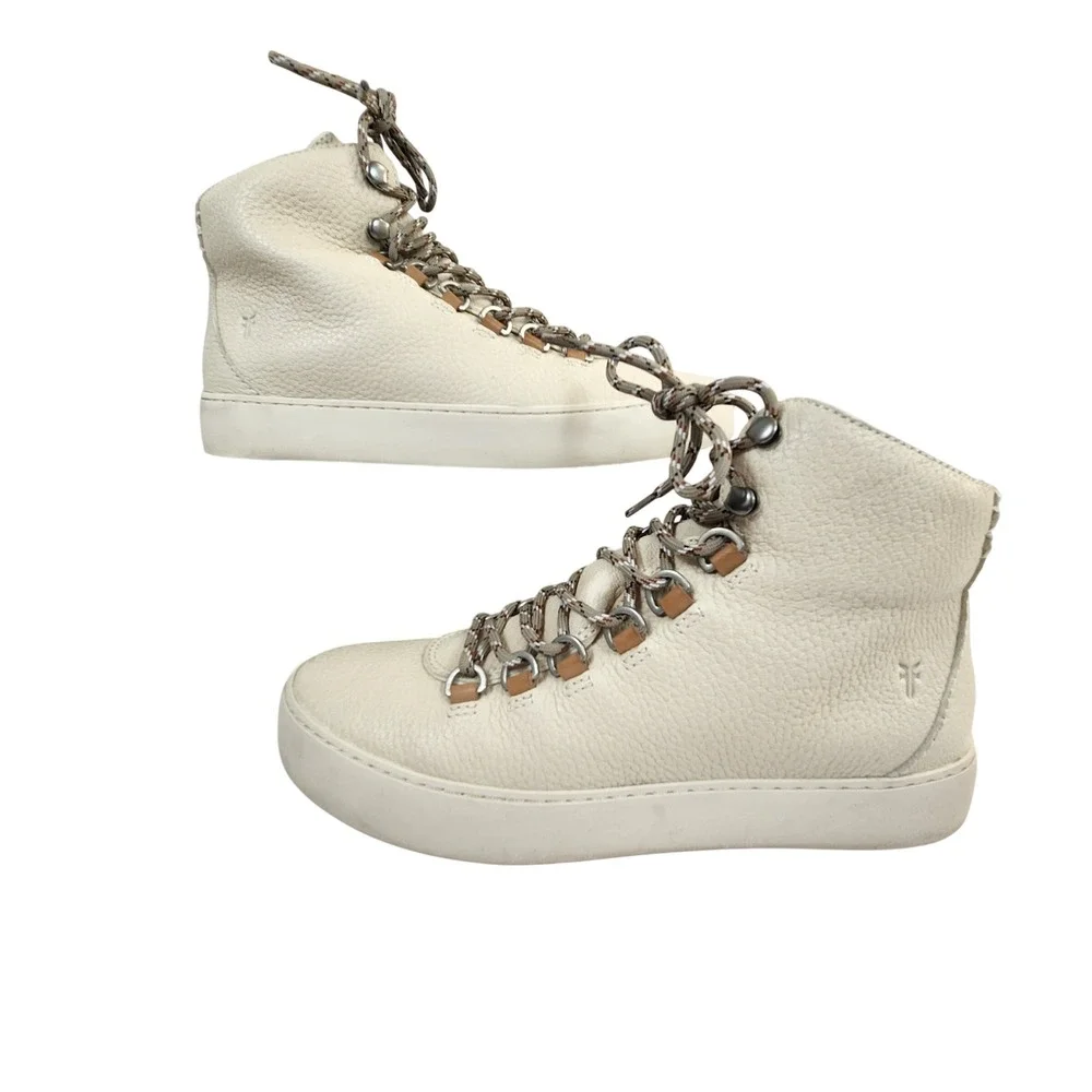 Frye Lena‎ Hiker High Top Boots Women's 8M Beige Leather Lace Up Zip Sneakers
